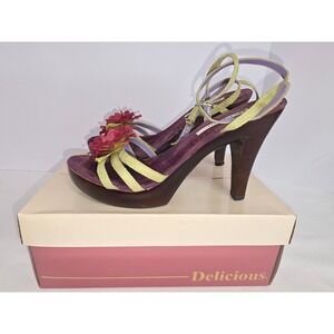 Delicious Flower Purple Green Platform Sandals Rhinestone Rose Y2K Heels 7
357